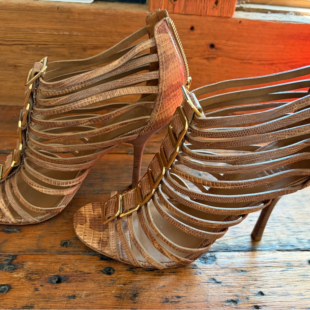 Tory Burch Tan Heels with Gold Buckles - Picture 2 of 6